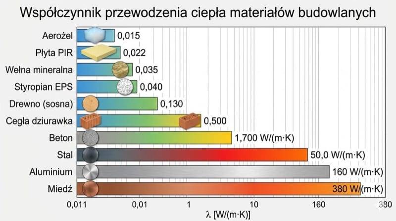 Porównanie λ materiałów budowlanych — wykres